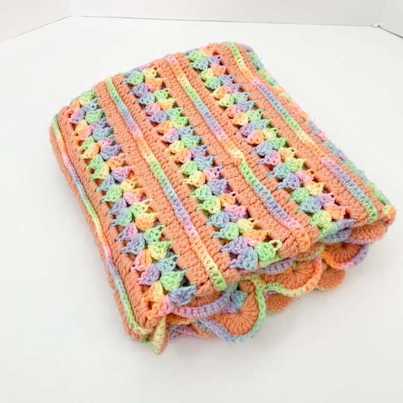 36" x 55" Vintage Crochet Hand Made Scallop Throw Blanket Pastel Rainbow Pride - Picture 5 of 5